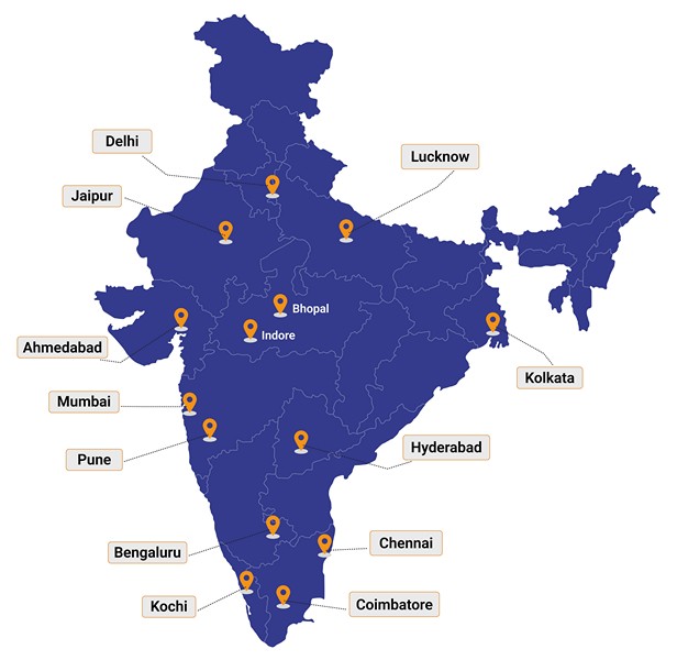 India map displaying our nationwide service availability across major metro cities and regional business hubs.